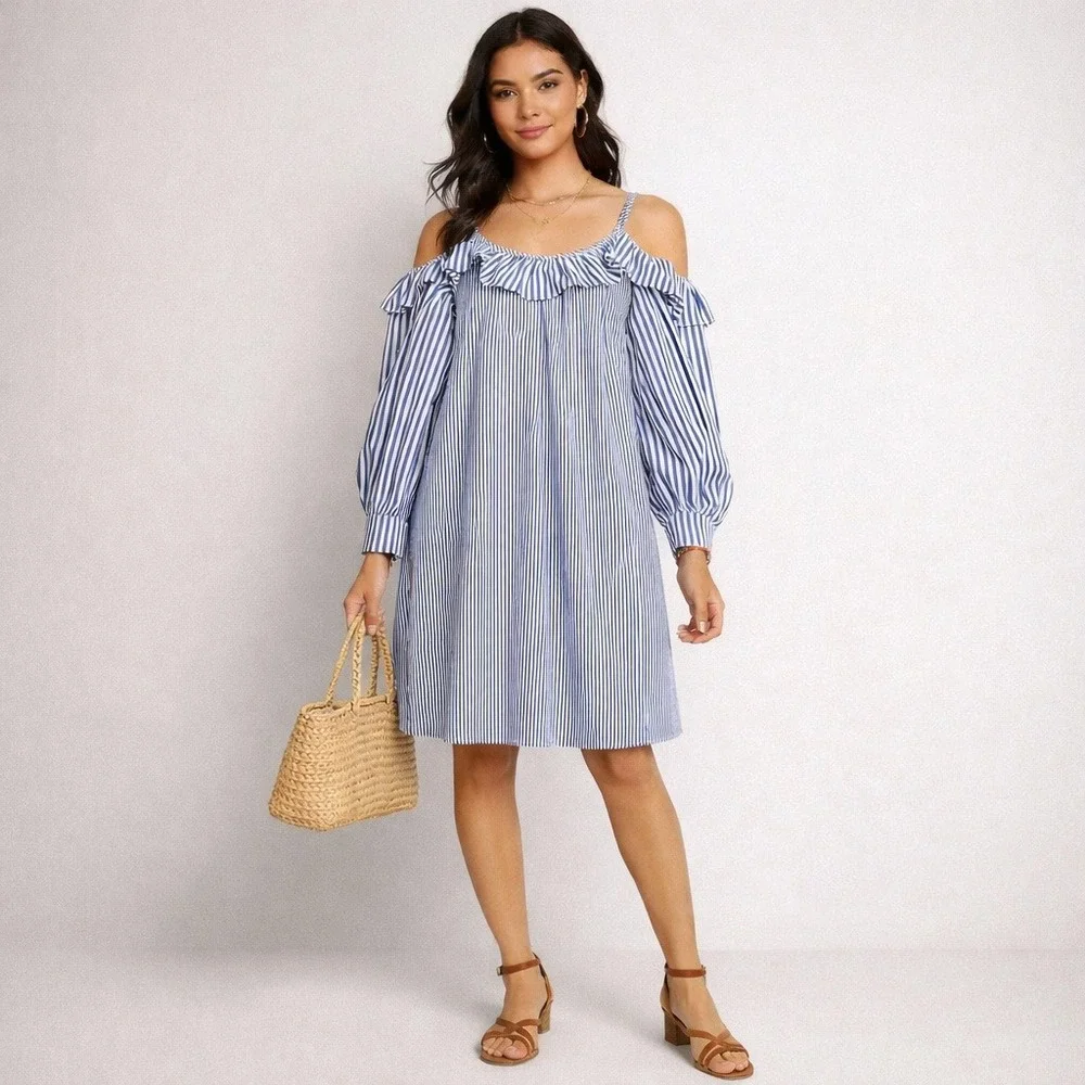 Maggy London Womens‎ Blue White Striped Cold Shoulder Ruffle Shift Dress Size 10